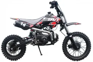 Seitenansicht der Tao Motor DB14, Mid-Size Dirtbike mit 14-Zoll-Vorderrad und 12-Zoll-Hinterrad für Einsteiger.