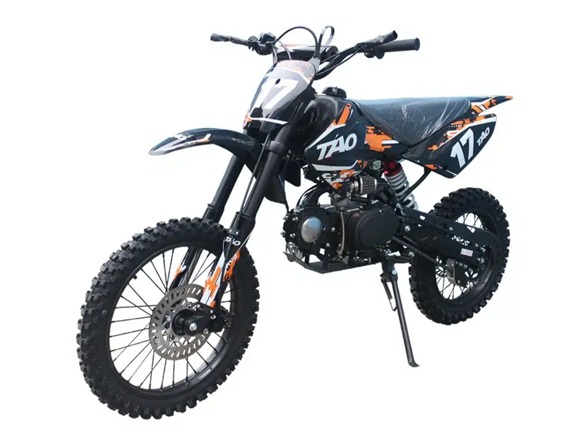 Tao Motor DB17 Dirt Bike in Seitenansicht mit knalligen Grafikdetails, grobstolligen Geländereifen und stabiler Upside-down-Gabel