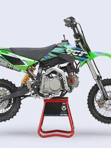 YCF Pilot 150 Offroad-Motorrad in Seitenansicht auf Montageständer, grün-schwarzes Design