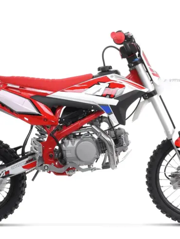 Apollo AM Thunder 140 Offroad-Motorrad Seitenansicht, 140 ccm, rote Verkleidung, MX Räder