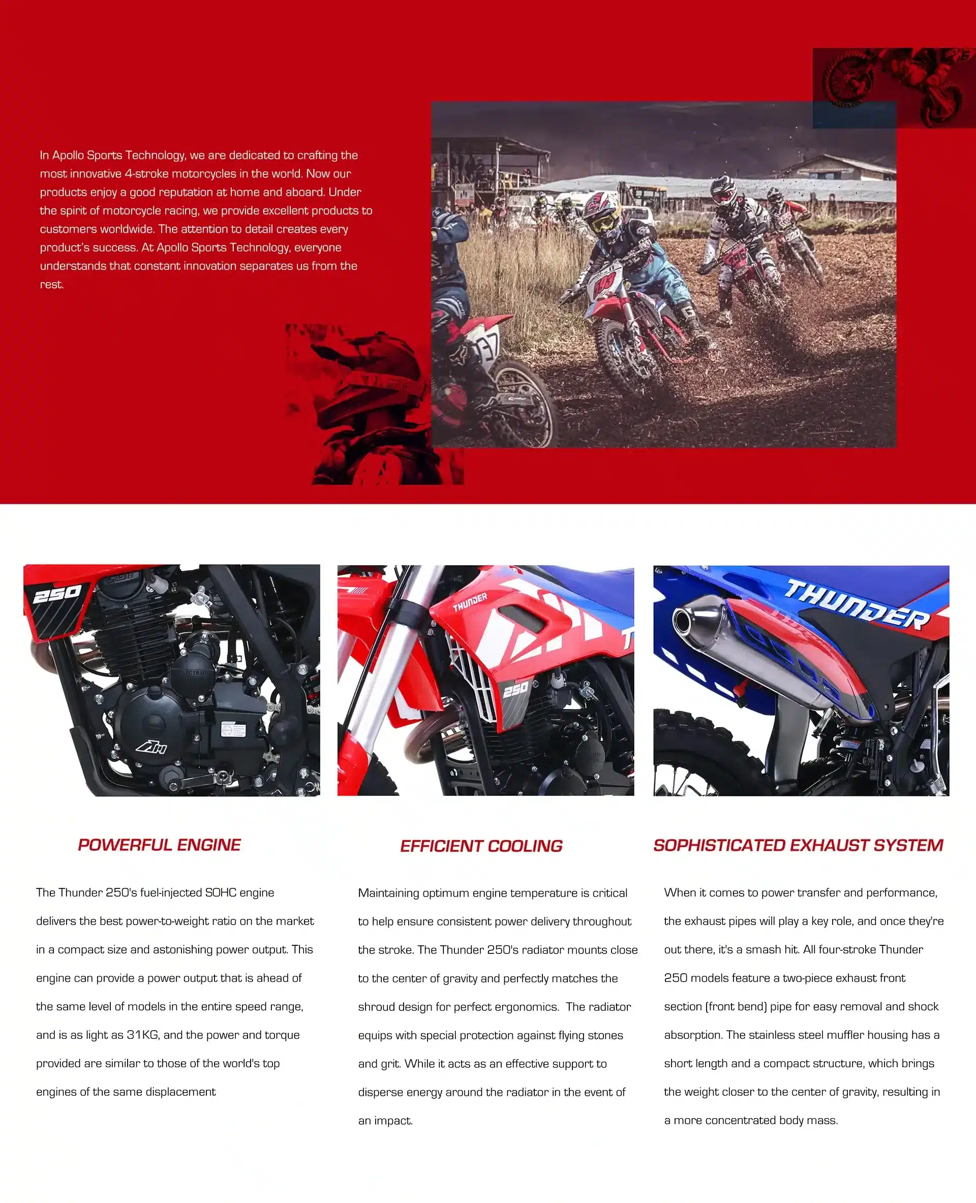 Apollo AM Thunder 250cc Dirt Bike im Einsatz auf einer Motocross-Strecke mit Detailaufnahmen von Motor, Kühlung und Auspuffanlage.