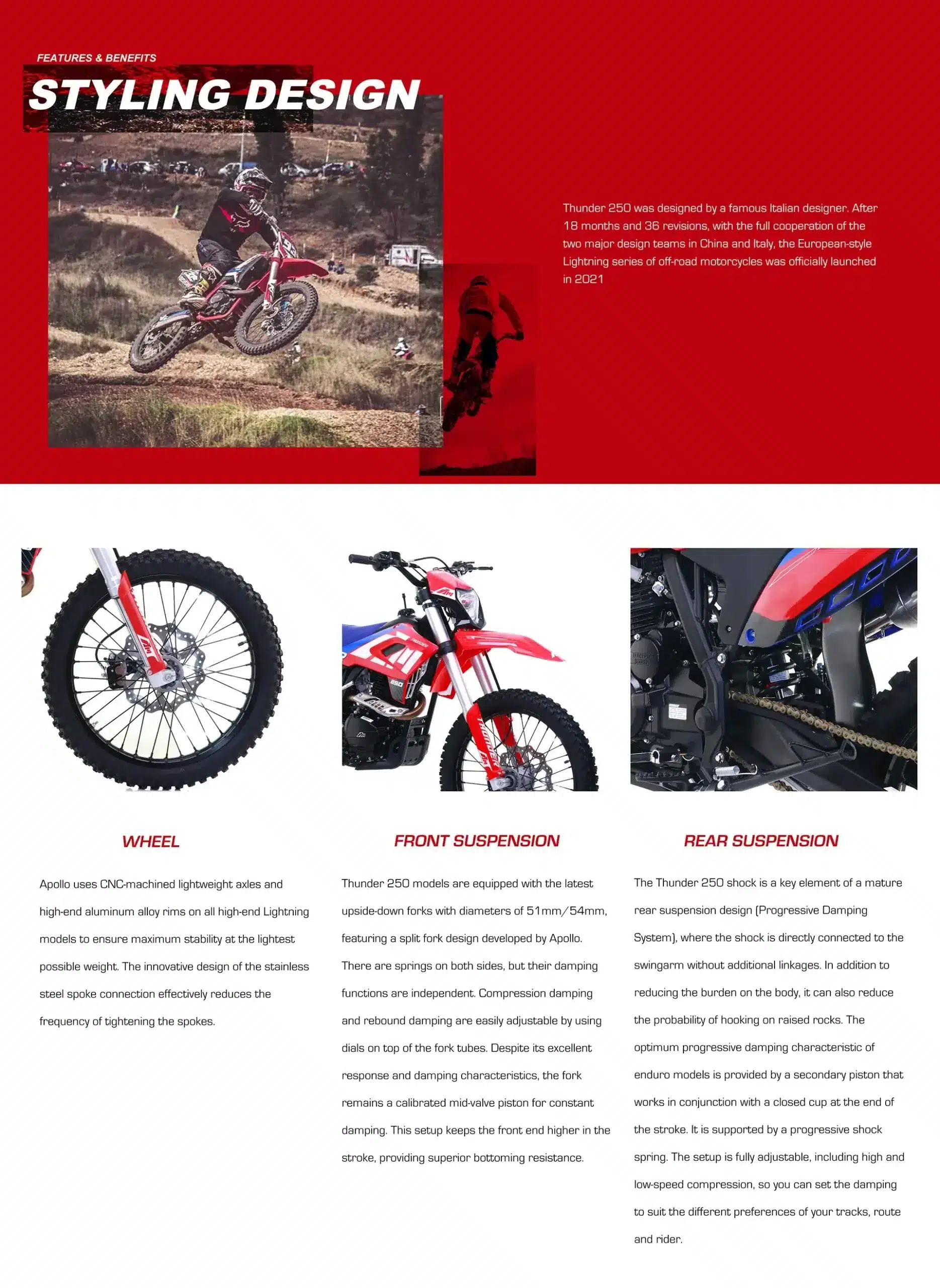 Apollo AM Thunder 250cc Dirt Bike mit Upside-down-Gabel, stabiler Stahlrahmen und Offroad-Eigenschaften im Gelände