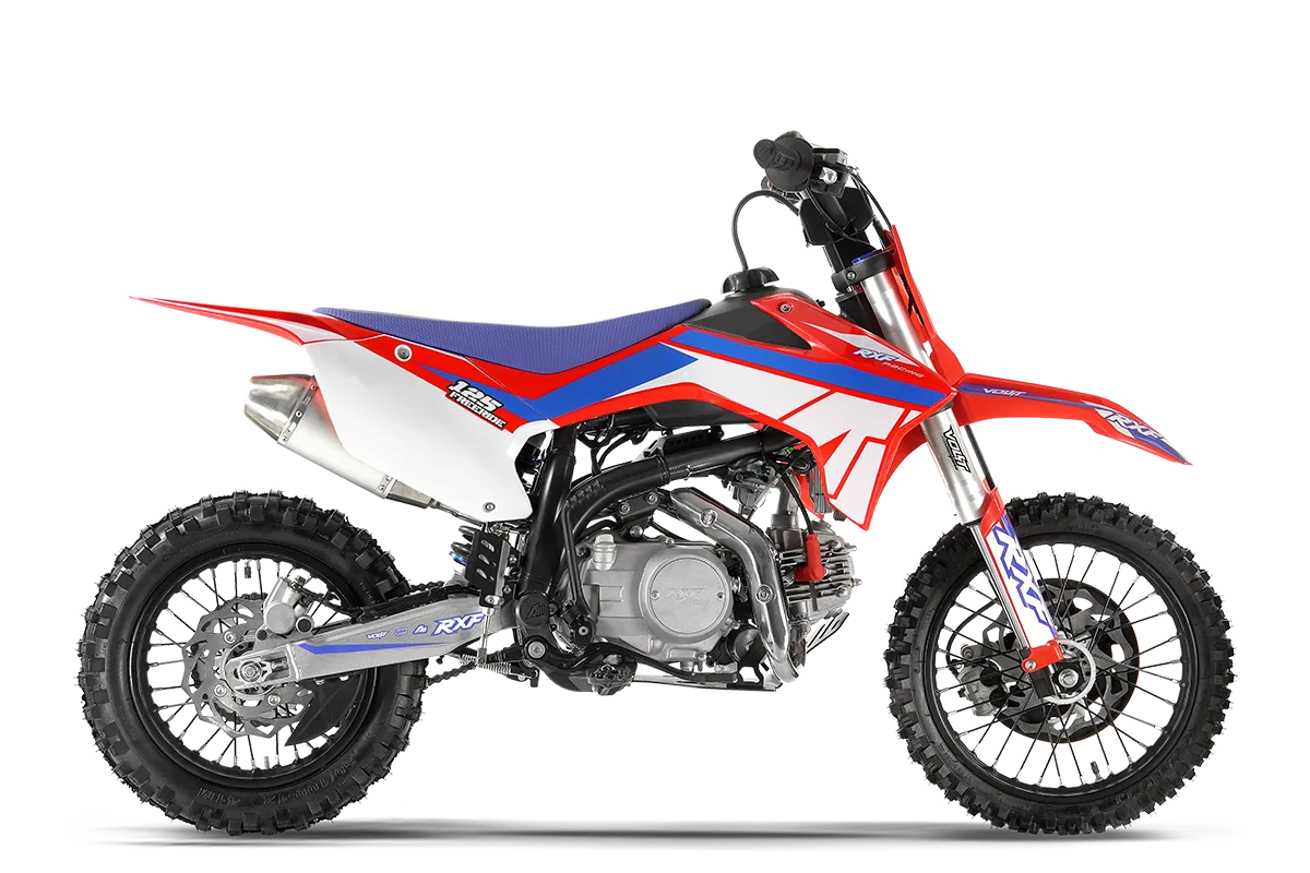 Motocross-Motorrad Apollo RXF Junior 110 für Kinder, Modell mit roten, weißen und blauen Verkleidungsteilen.