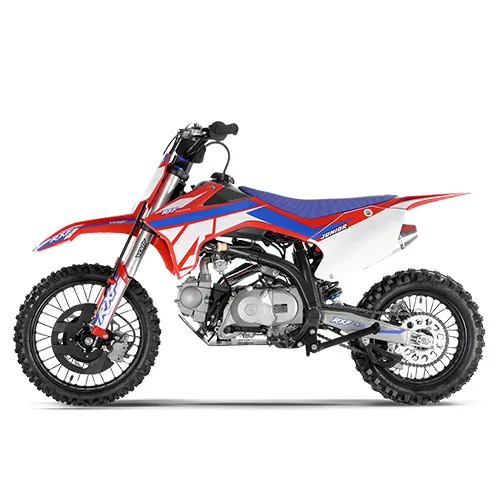 Seitliche Ansicht der Apollo RXF Junior 110, ein kleines Motocross-Motorrad für Kinder mit auffälligem Design in Rot, Blau und Weiß.