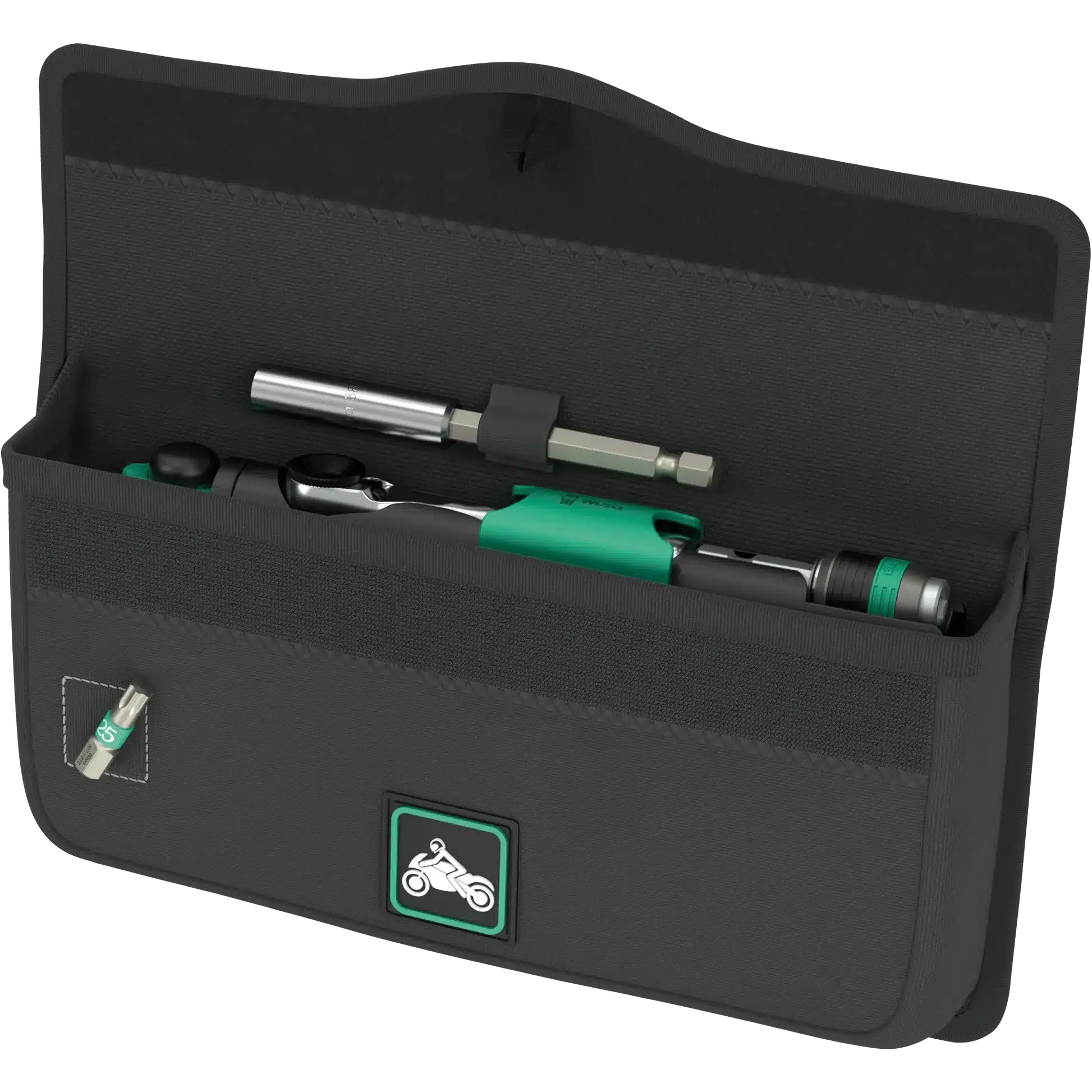 Das Wera Tool-Check PLUS Motorrad 1 Werkzeugset speziell für Motorradfahrer in geöffneter Werkzeugtasche