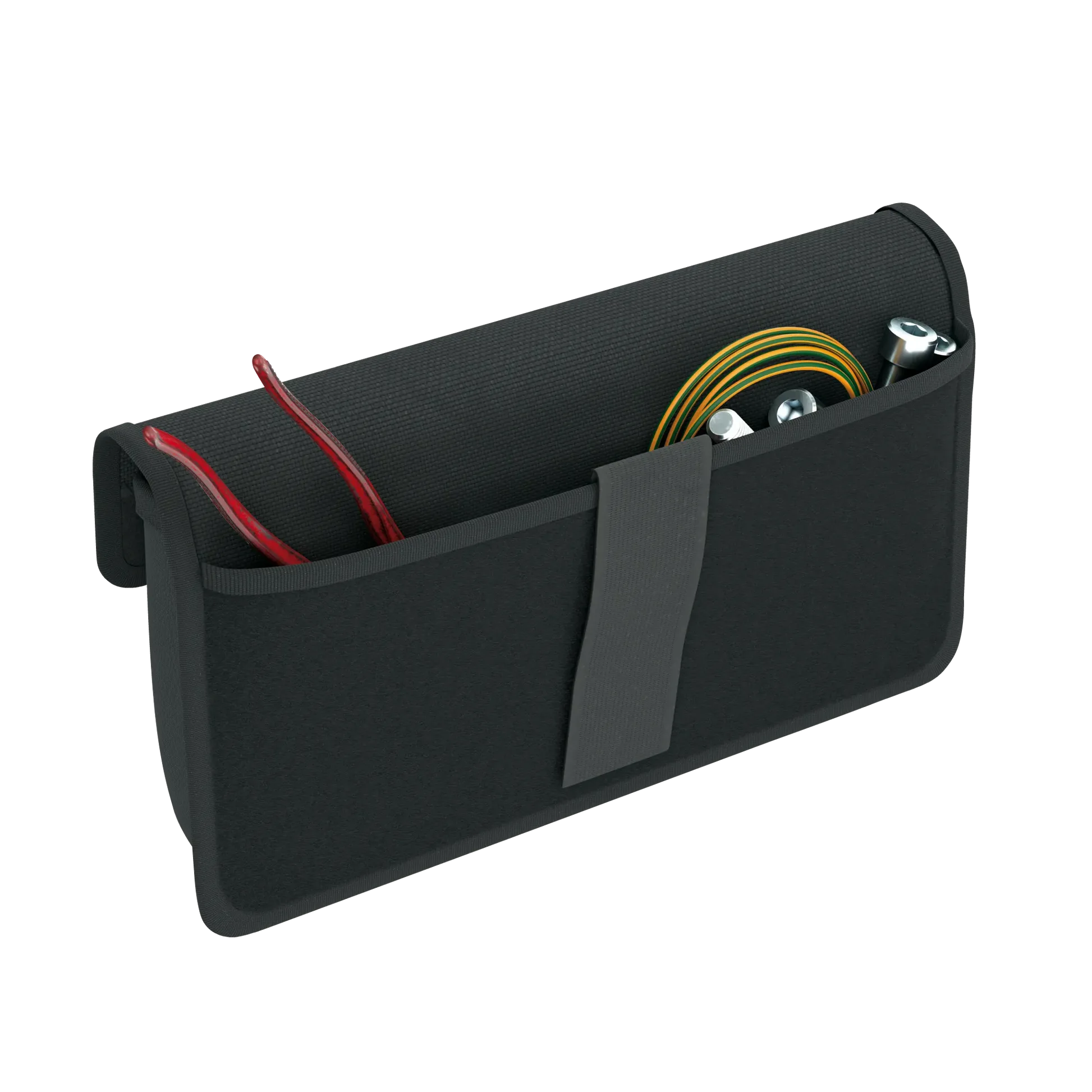 Schwarze Werkzeugtasche mit roten Kabeln, Gewindeteilen und bunten Kabelringen