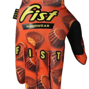FIST Handwear Handschuh in Orange mit Schokoladenmotiv und Logo, ideal für Motocross und MTB