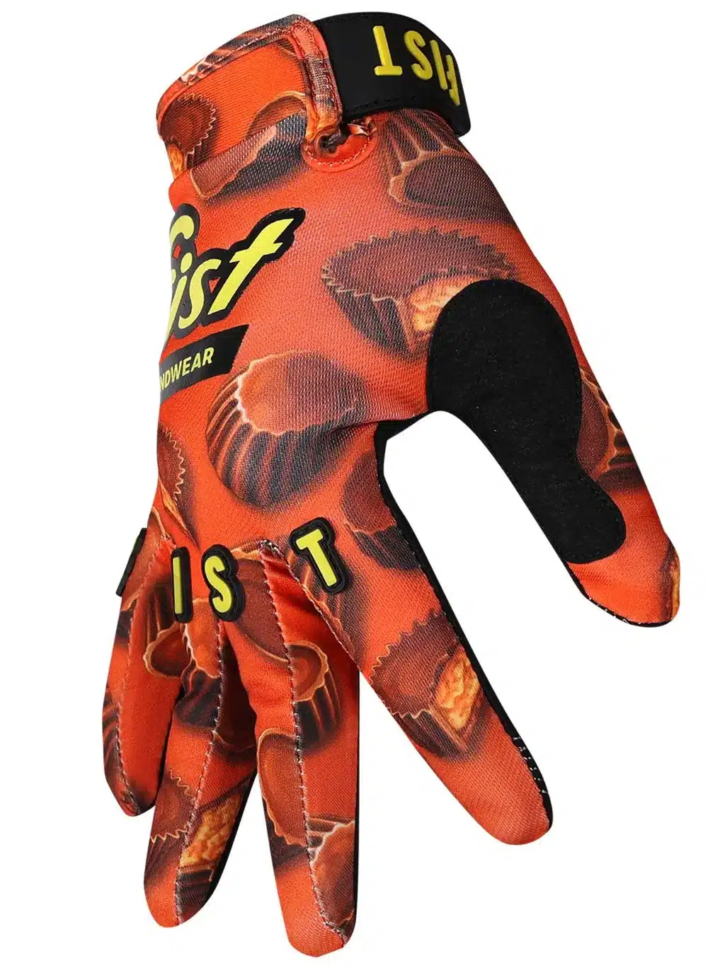 FIST Handwear Handschuh, orange mit Schokoladenpralinen-Muster und schwarzer Handinnenfläche