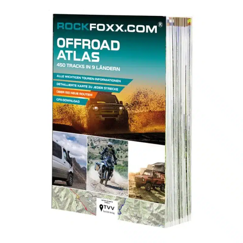 ROCKFOXX Offroad Atlas – Buchcover mit Offroad-Fahrzeugen und Übersichtskarten