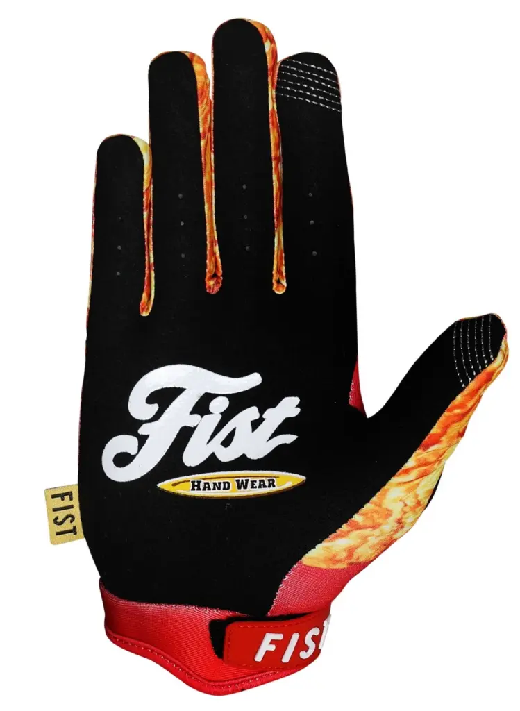 FIST CHICKEN FINGERS Handschuh in Schwarz mit gelb-roten Akzenten, Handflächenseite nach oben zeigend