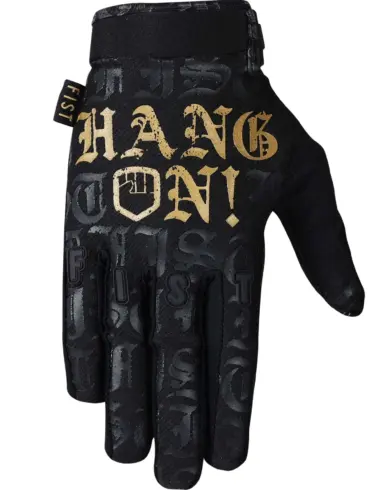 Schwarzer FIST Handwear Hang On Handschuh mit goldener Aufschrift, ideal für Motocross, BMX und MTB.