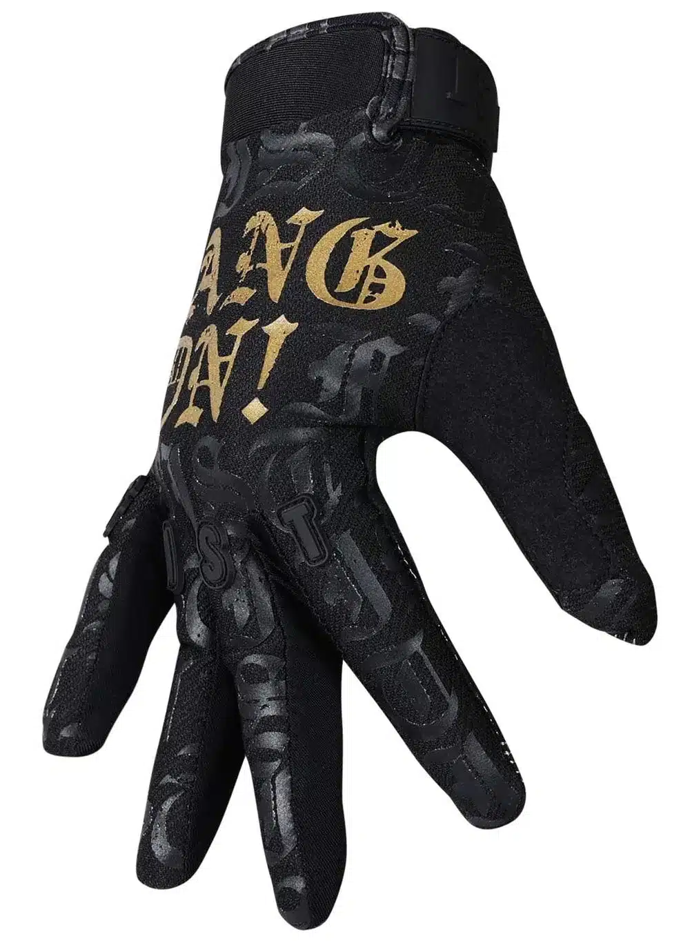 Hang On Handschuh von FIST Handwear in Schwarz mit goldener Schrift, Oberseite und Verschluss sichtbar
