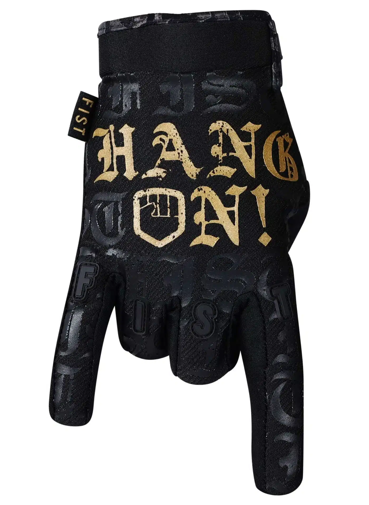 Schwarzer FIST Handwear Hang On Handschuh mit goldenem Aufdruck und Logo, Produktfoto