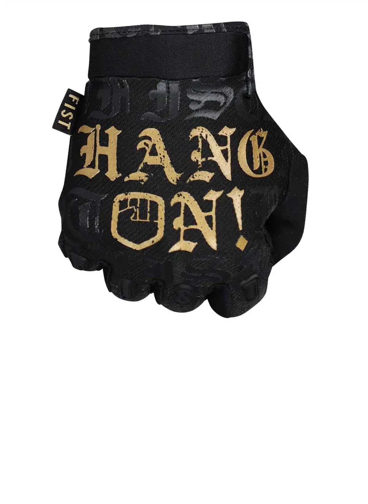 FIST Hang On Handschuh in Schwarz mit goldener Schriftzug-Optik.