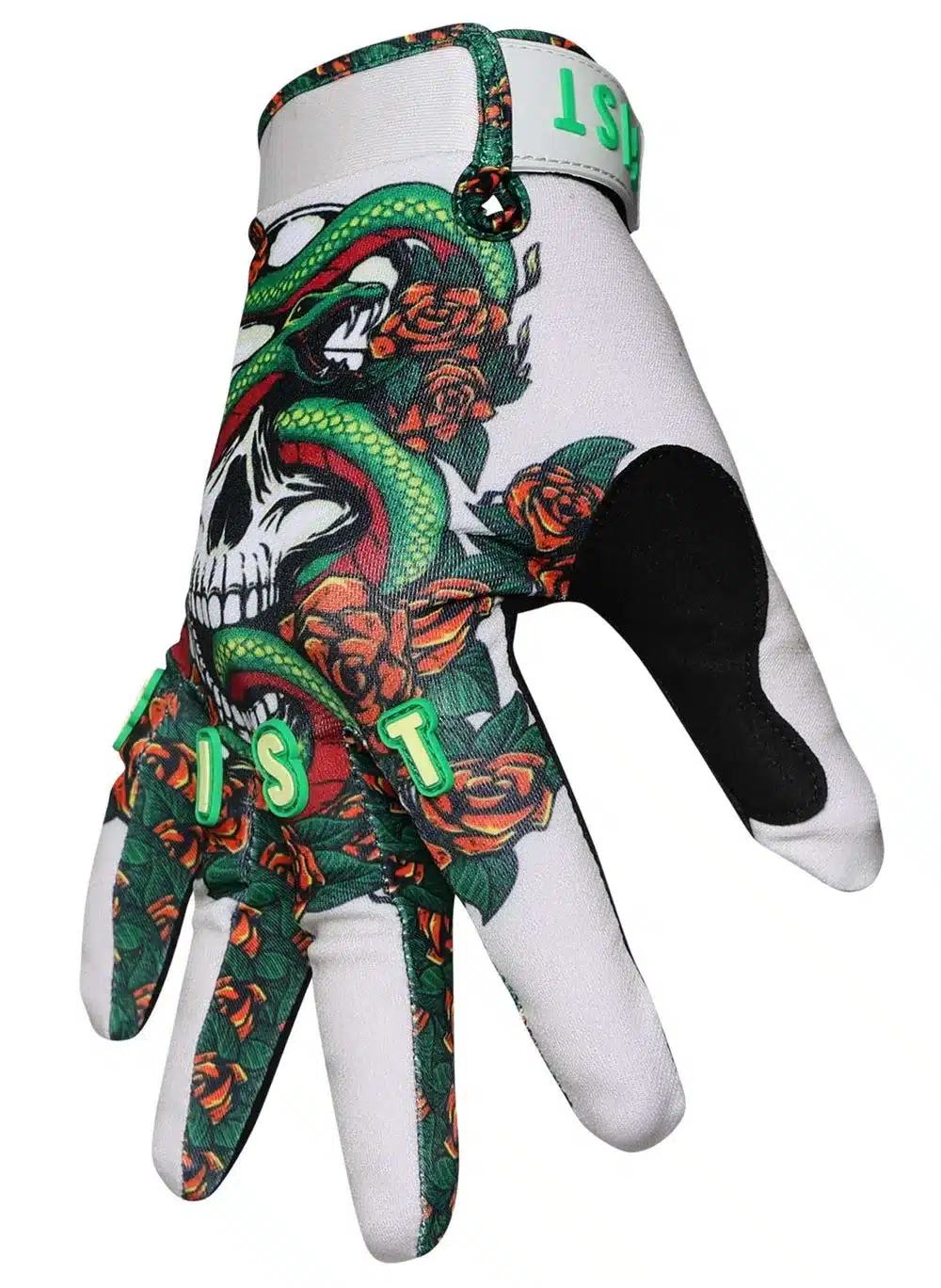 FIST Handschuh mit Totenkopf-, Schlangen- und Rosenmotiv auf weißem Untergrund, minimalistisches Design
