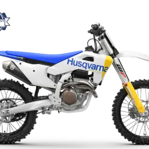 Motocross-Motorrad Husqvarna FC 250 2027 in Seitenansicht mit blauem Sitz und Premium Herstellergarantie-Emblem.