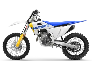 Husqvarna FC 350 2027 Motocross-Motorrad in Seitenansicht, weiß-blaues Design, gelbe Gabel, Offroad-Bereifung.