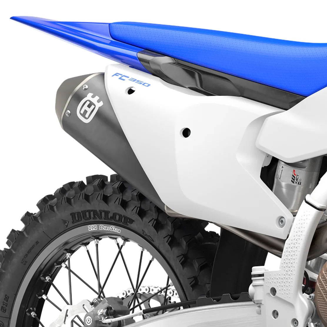 Heckansicht mit Auspuff und Hinterrad einer Husqvarna FC 350 2027 Motocross-Maschine