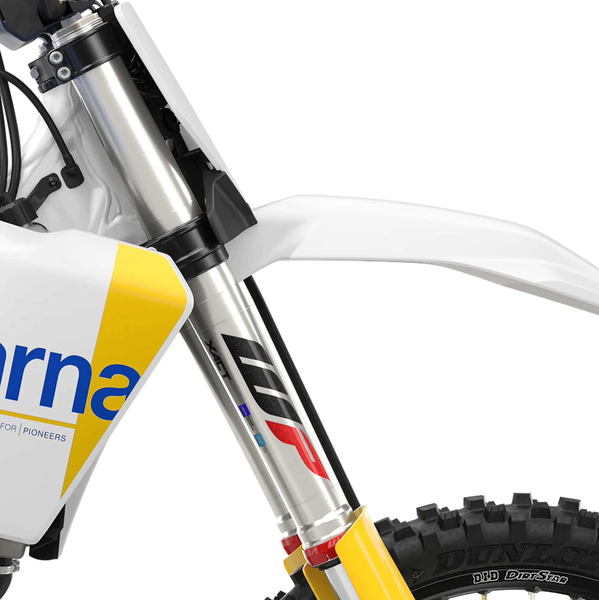Detailaufnahme der WP XACT Upside-down-Gabel und des Vorderrads der Husqvarna FC 350 2027