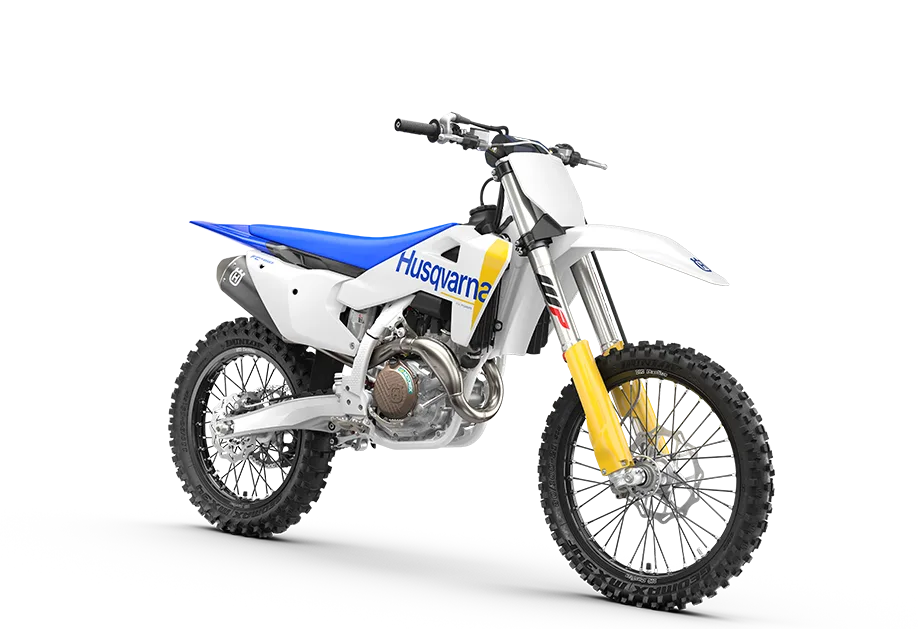 Husqvarna FC 450 2027 Motocross-Motorrad in Seitenansicht auf weißem Hintergrund.