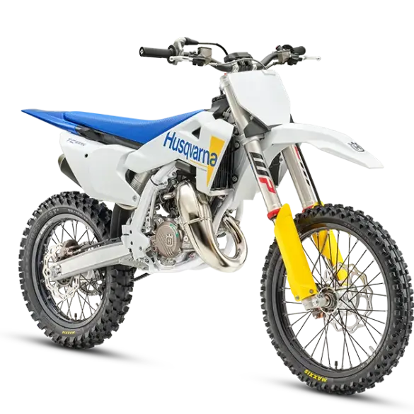 Motocross-Motorrad Husqvarna TC 85 17/14 in Seitenansicht vor weißem Hintergrund