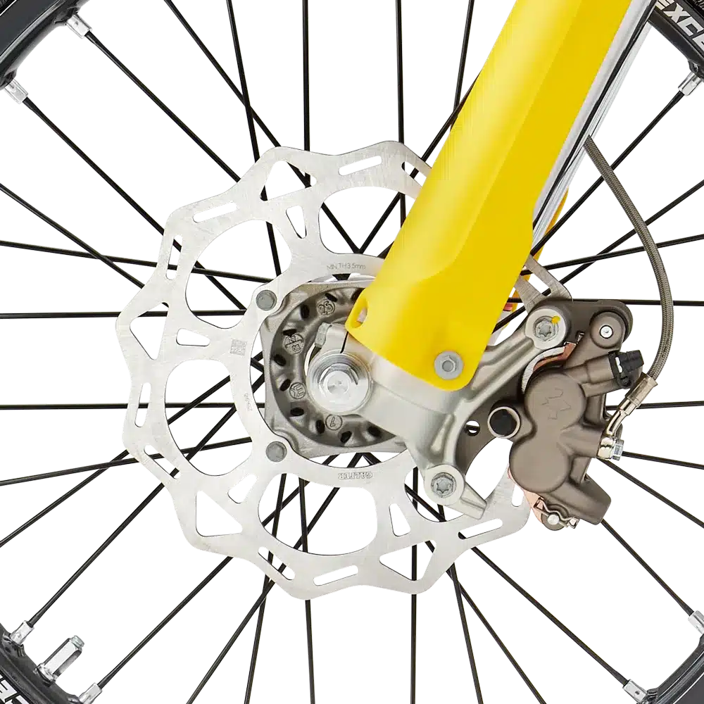 Detailansicht der Vorderradbremse und Gabel der Husqvarna TC 85 17/14