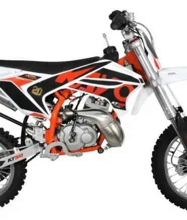 Seitenansicht der Kayo Dirtbike KT50 Racing, ein Kinder-Motocross-Motorrad mit sportlichem Design.