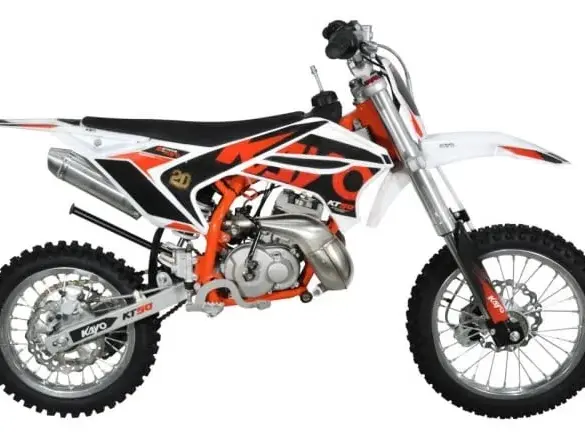 Seitenansicht der Kayo Dirtbike KT50 Racing, ein Kinder-Motocross-Motorrad mit sportlichem Design.
