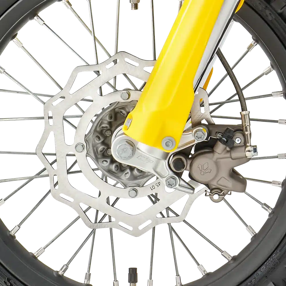 Vorderradbremse und gelbe Upside-Down-Gabel der Husqvarna TC 65 2027 im Detail