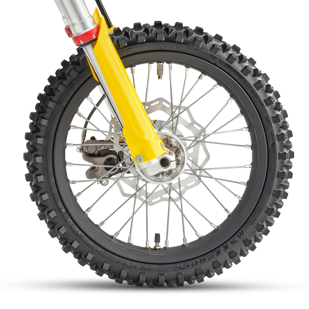 Vorderrad, Gabel und Bremsscheibe der Husqvarna TC 65 2027 im Detail