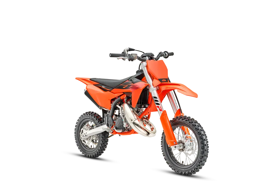 KTM 50 SX Motocross-Motorrad für Kinder in Orange auf weißem Hintergrund