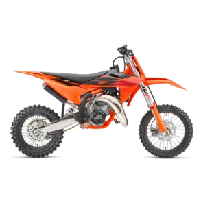 2027 KTM 65 SX Motocross-Motorrad in Seitenansicht, orange mit schwarzer Grafik, freigestellt.