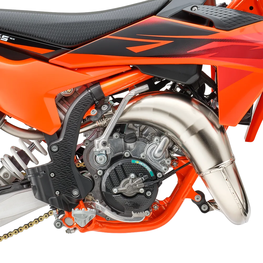 Nahaufnahme vom Motor und Auspuff einer KTM 65 SX 2027