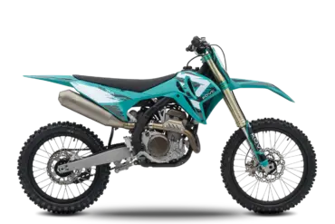 Kove MX250 Offroad-Motorrad in seitlicher Ansicht, türkisfarbene Rennmaschine für Motocross und Rally-Einsätze