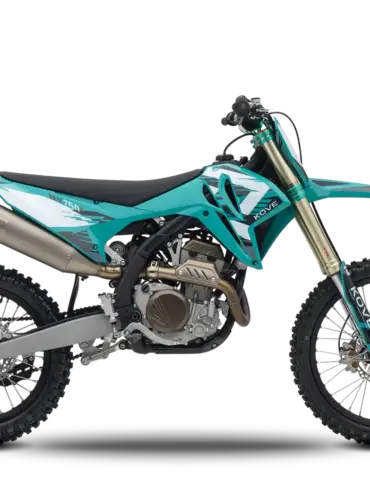 Kove MX250 Offroad-Motorrad in seitlicher Ansicht, türkisfarbene Rennmaschine für Motocross und Rally-Einsätze