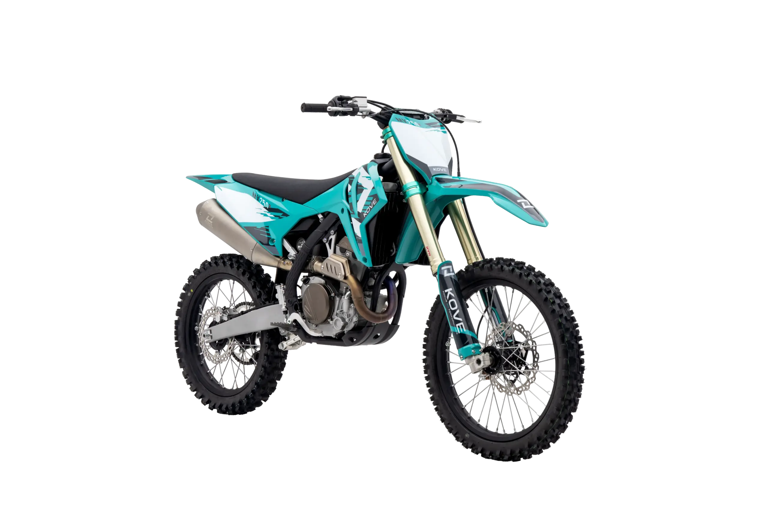 Kove MX250 Motocross-Motorrad in türkis und weiß, Seitenansicht auf weißem Hintergrund