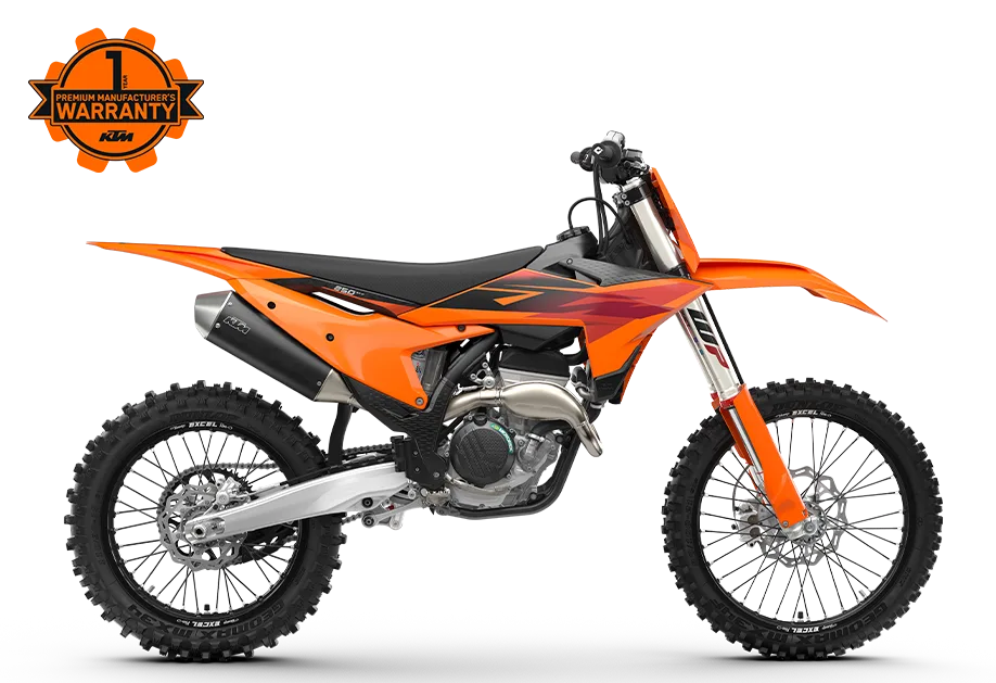 KTM 250 SX-F 2027 Motocross-Motorrad in Orange, Seitenansicht mit Garantie-Emblem