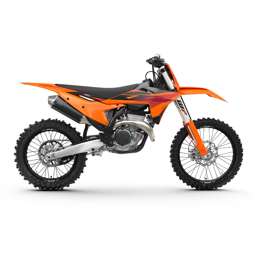 KTM 350 SX-F 2027 Motocross-Motorrad in Seitenansicht, orangefarbene Verkleidung, offroad-bereift