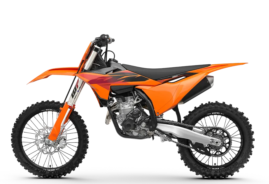Seitenansicht der KTM 350 SX-F 2027 Motocross-Maschine in Orange.