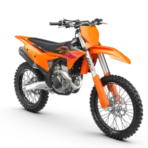Motocross-Motorrad KTM 350 SX-F 2027 in leuchtendem Orange, Seitenansicht auf weißem Hintergrund