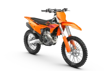 Motocross-Motorrad KTM 350 SX-F 2027 in leuchtendem Orange, Seitenansicht auf weißem Hintergrund