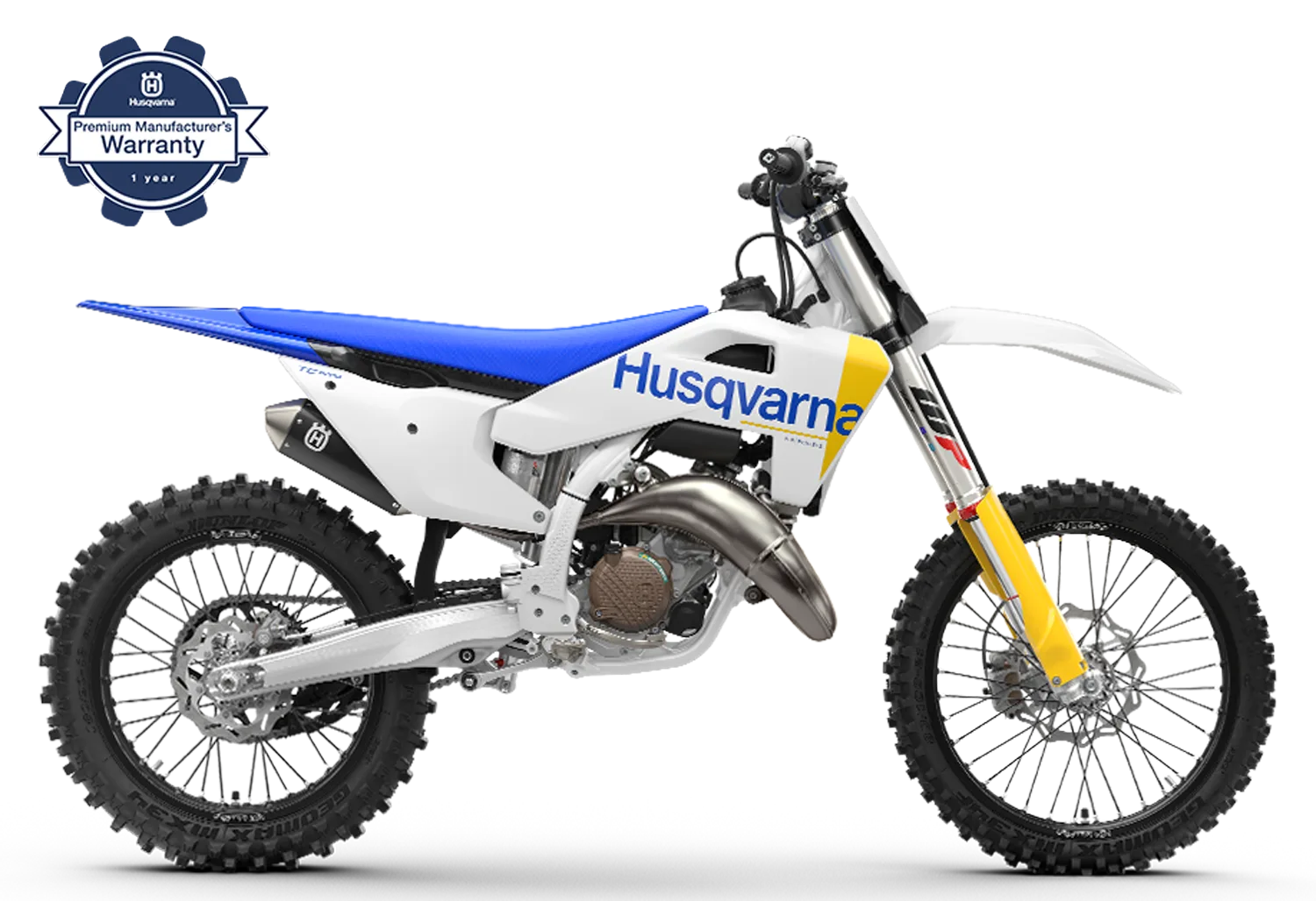 Husqvarna TC 125 2027 Motocross-Motorrad in Seitenansicht, weiß-blau-gelbes Design, schlanker Zweitakt-Crosser mit modernen Komponenten.