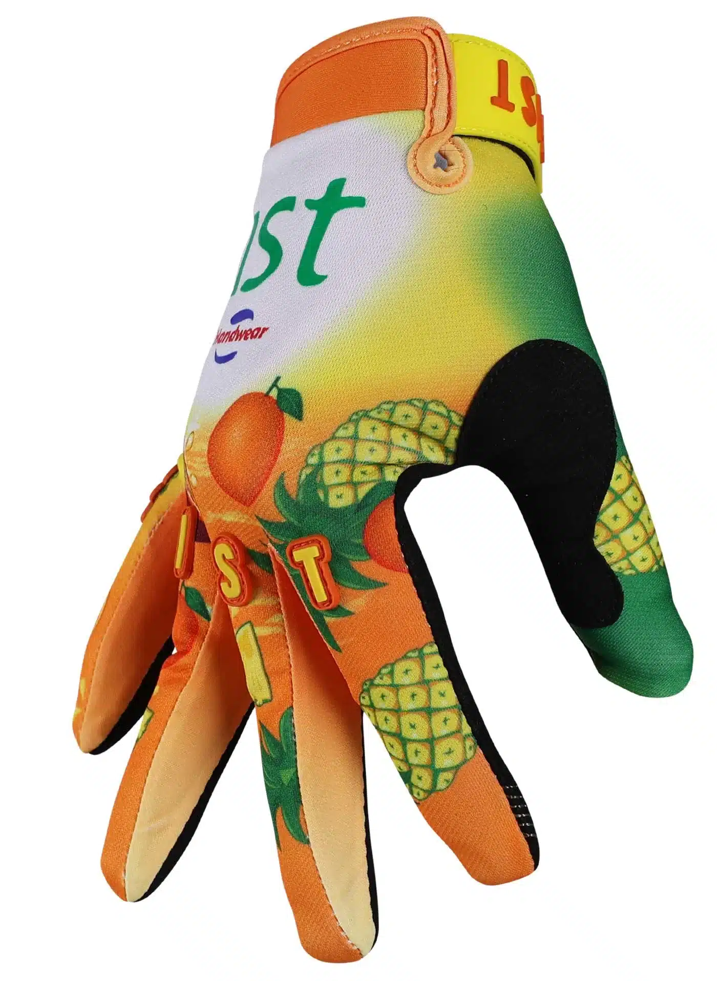 Detailansicht des FRUIT PUNCH Fahrradhandschuhs von FIST Handwear mit farbenfrohem Fruchtmuster