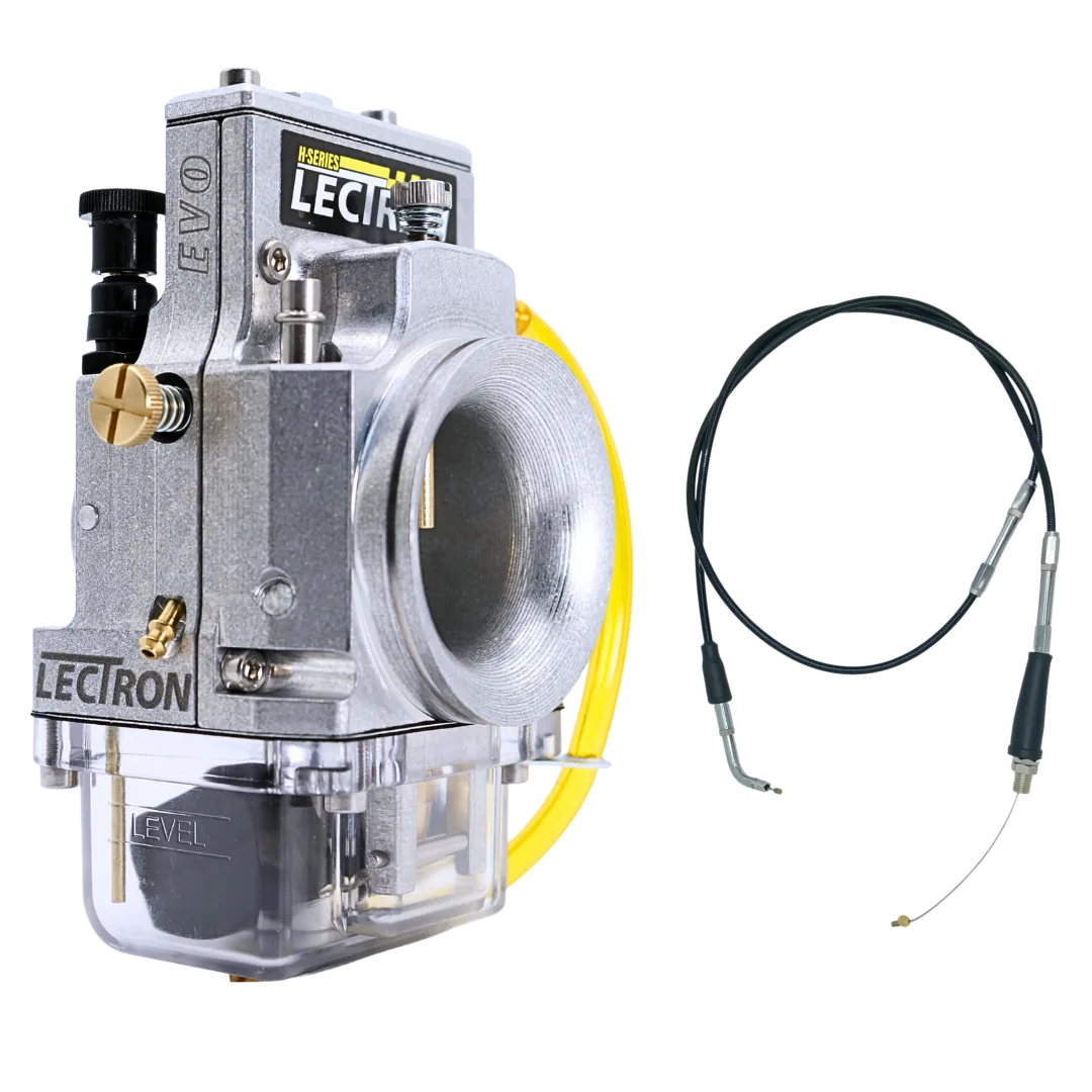H-Series EVO 38 mm Vergaser von Lectron mit transparentem Schwimmergehäuse und gelbem Schlauch, daneben ein Gaszug-Set.