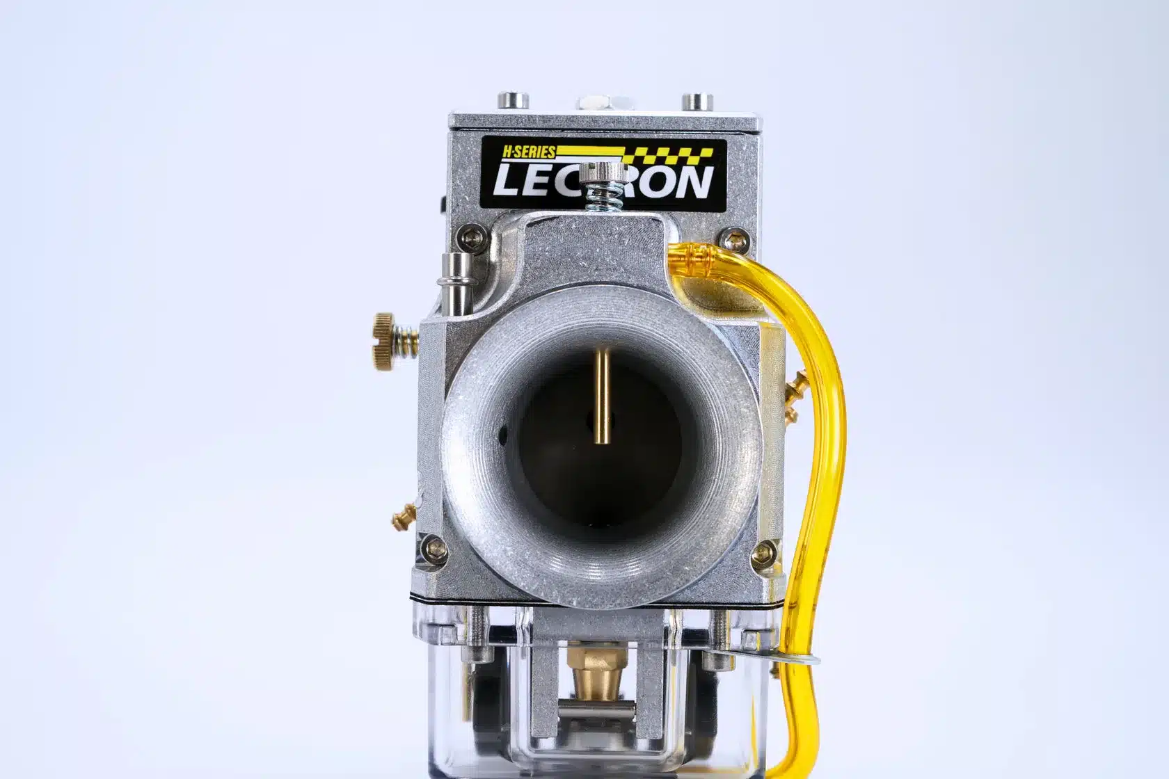 Detailaufnahme des H-Series EVO 38 mm Vergasers von Lectron, passend für 125–400 cm³ Zweitakt-Motorräder.