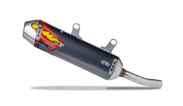 FMF Turbinecore 2.1 Endschalldämpfer aus Aluminium und Edelstahl mit Funkenfänger, schräge Ansicht