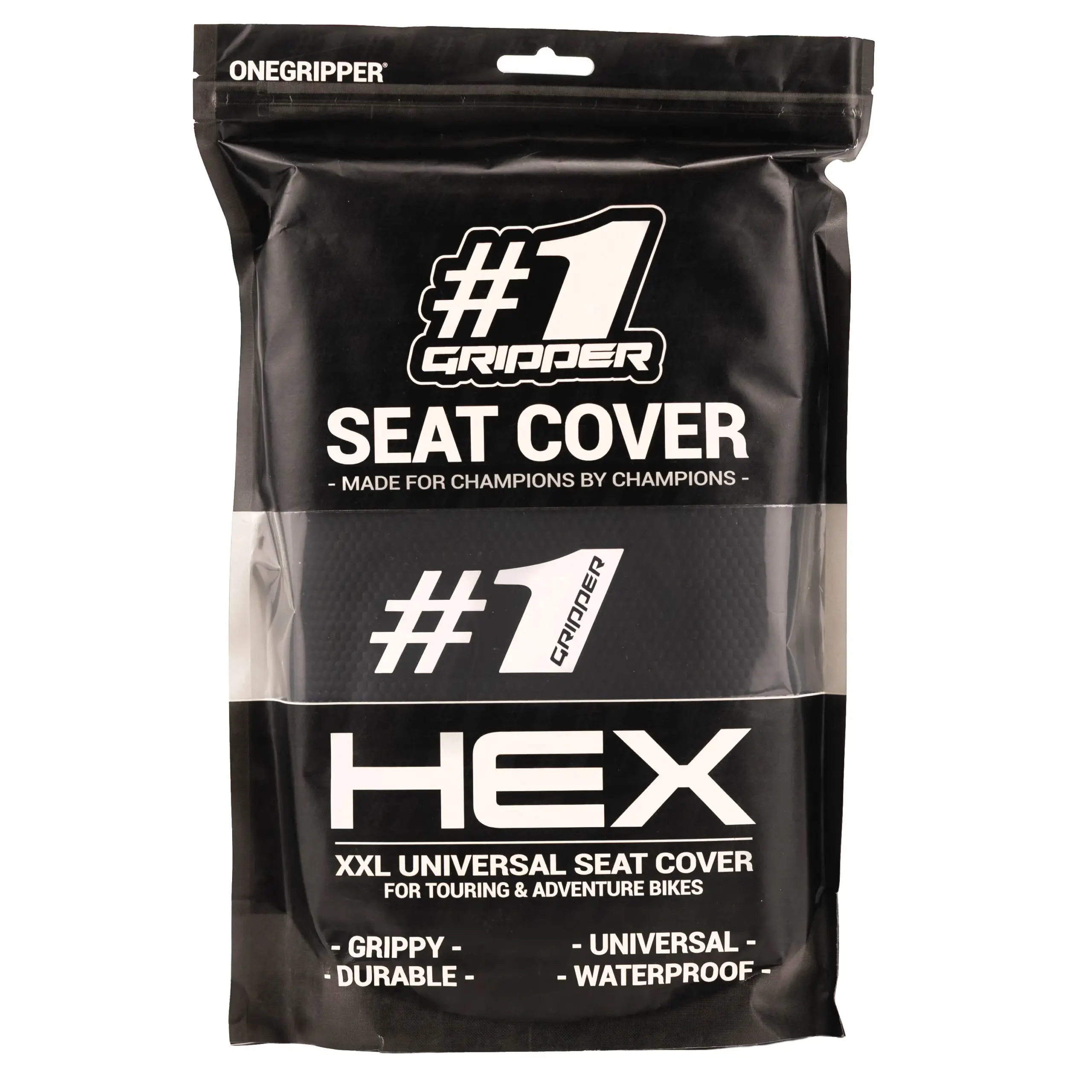 Verpackung des ONEGRIPPER HEX XXL Sitzbankbezugs, schwarz mit weißer Aufschrift und Logo.