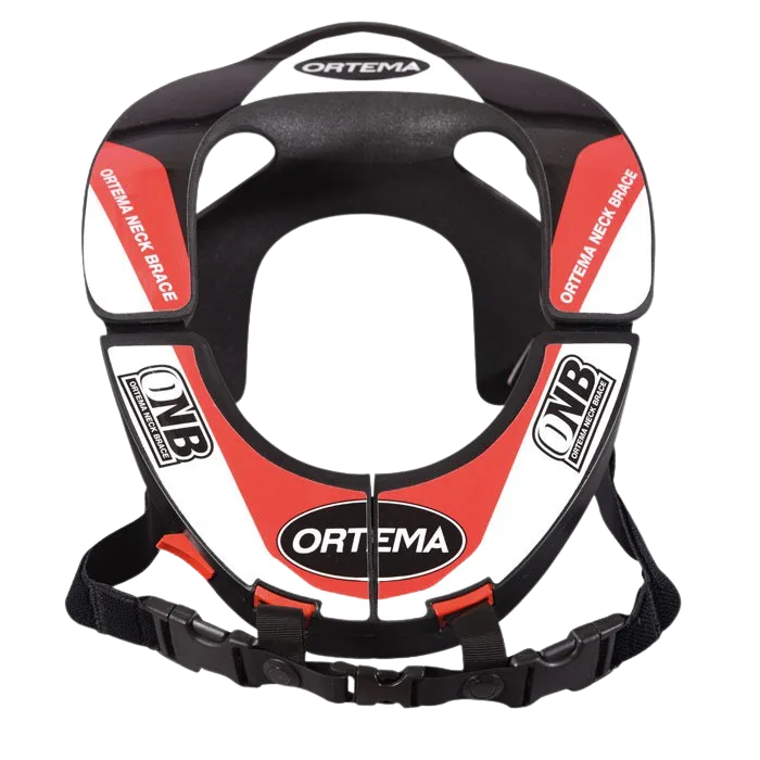 Vorderansicht des ONB Neck Brace 3.0 in Schwarz, Rot und Weiß mit ORTEMA-Logo.