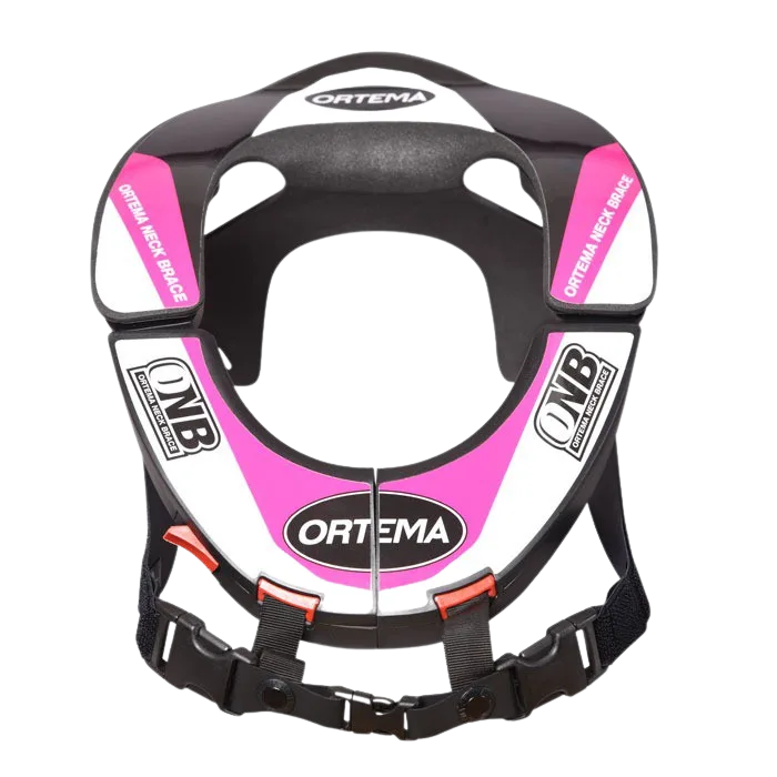 ONB Neck Brace 3.0 von Ortema in Schwarz und Pink, moderner Nackenschutz für Motocross und Offroad-Sport