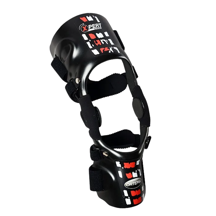 Schwarze X-PERT Knieorthese mit farbigen Akzenten für Motocross und Enduro